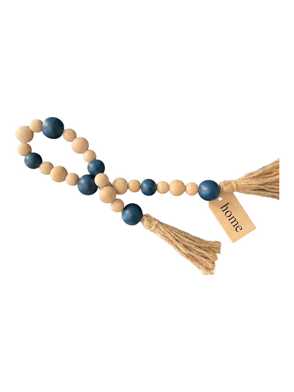 Blue and Natural Wooden Bead Tassel Garland with Home tag